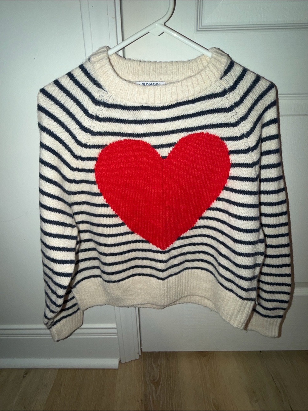 Old Navy Cream & Navy Striped Sweater with Red Heart